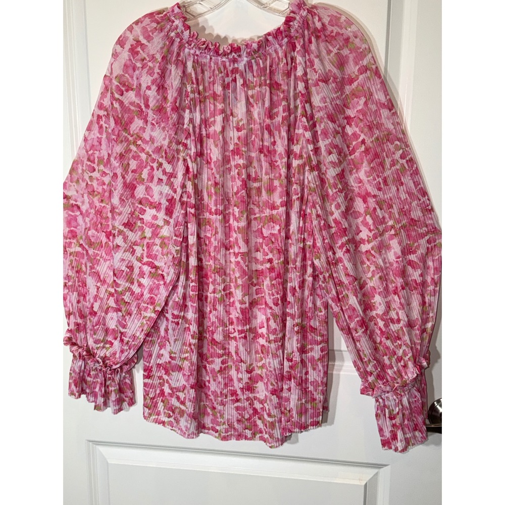 Vince Camuto Pink Floral‎ Pleated Mesh Blouse Top Women's 3X Long Sleeve Ruffle - Picture 6 of 6